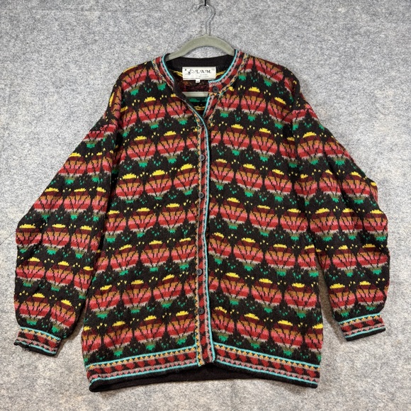Vintage L.A.M. Alpaca Knit Cardigan Multicolor Size 44 Oversized Boho Relaxed - Picture 2 of 16
